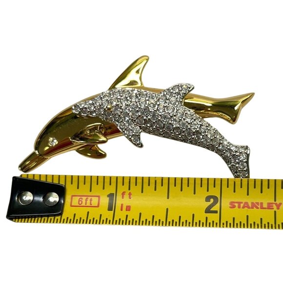 Swarovski Double Dolphin Brooch Gold Tone Crystal Rhinestones Beach Nautical - Picture 3 of 9